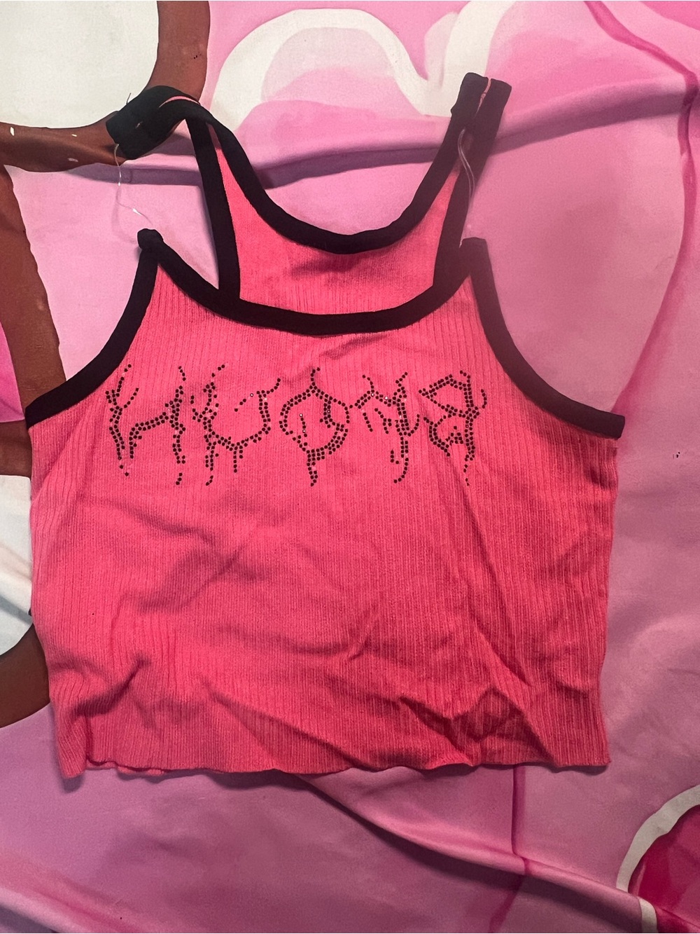 Pink Ribbed Tank Top with Black Trim